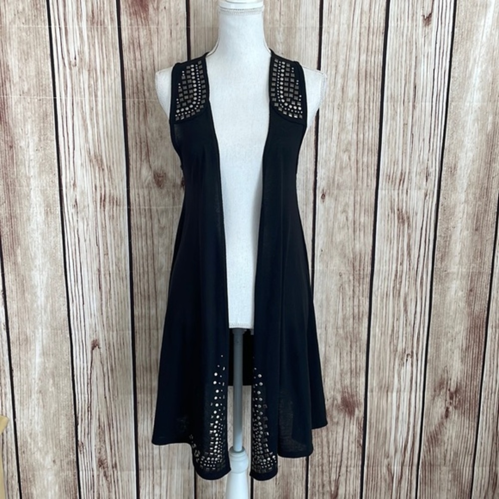 Petrol Industries Black Long Line Sleeveless Open Cardigan w/Metal Accents Small